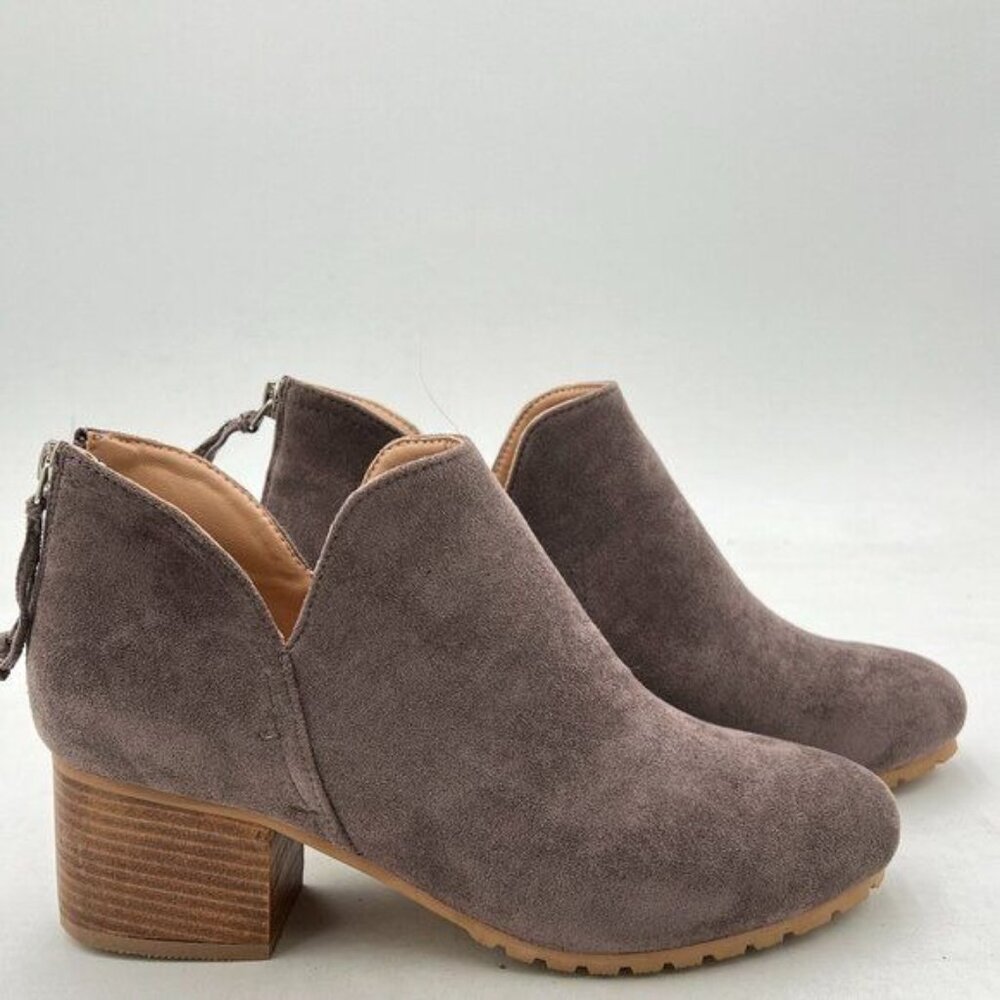 Grey Women Stacked Mid Heels Ankle Bootie Almond Toe Block Low Heel Pumps